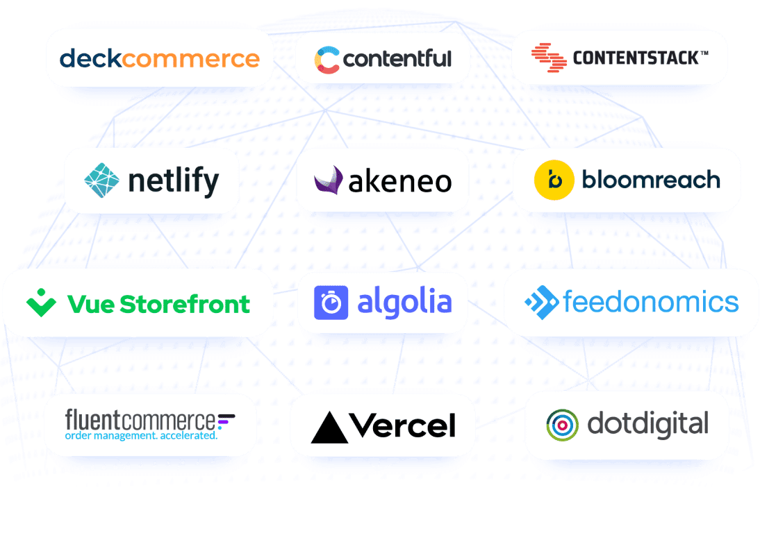 Ilustración ecosistema socios mundo deckcommerce lleno de contenido pila de contenido netlify akeneo